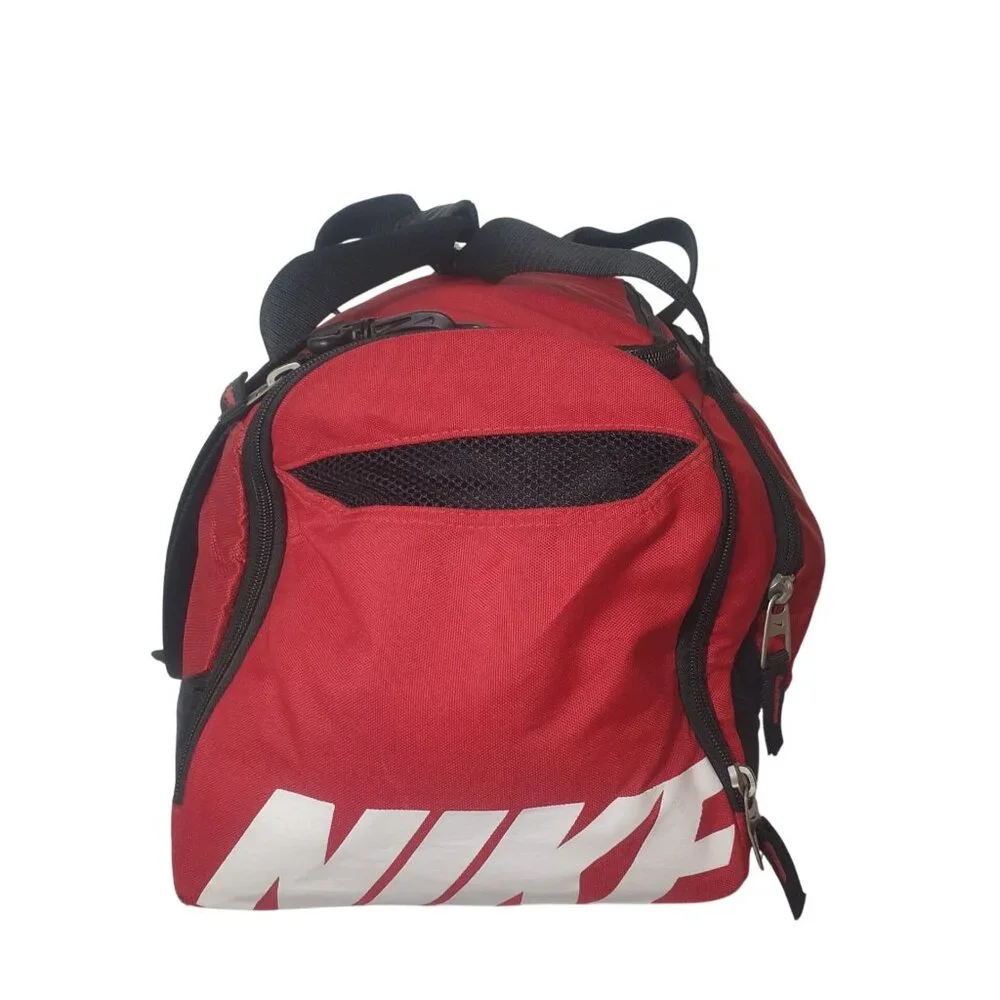 Nike Sports Duffle Bag Red Black Training Swoosh Gym Travel Mesh Pockets